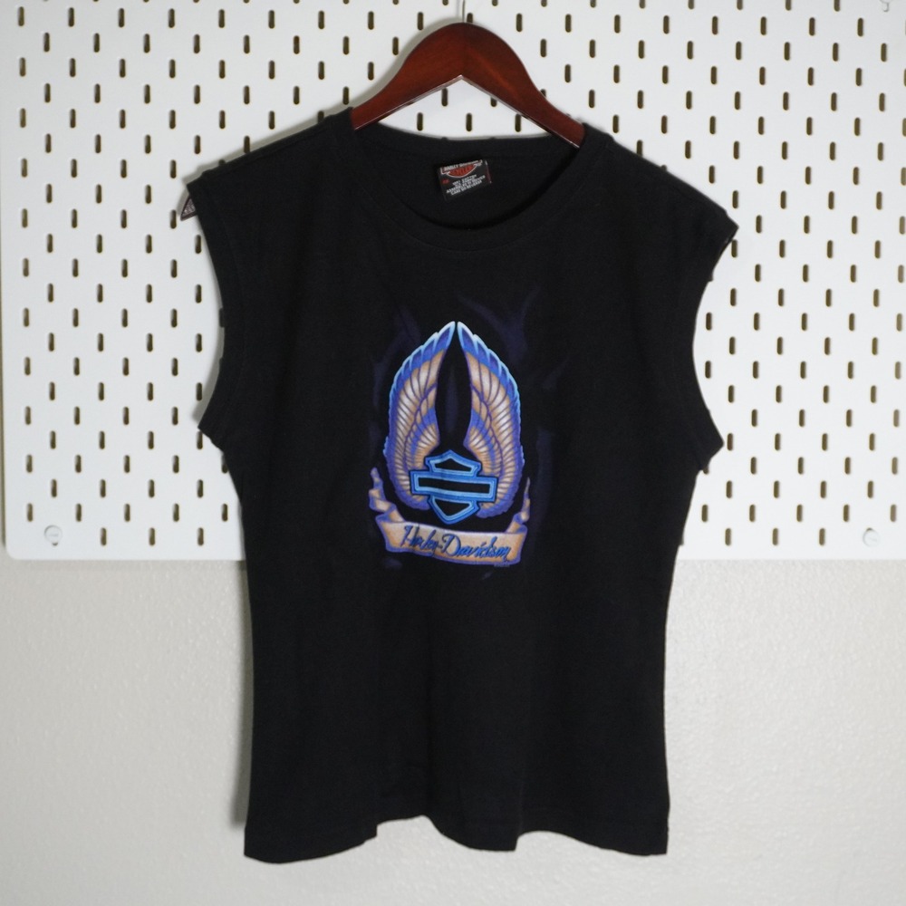 Harley Davidson Black Sleeveless Graphic Top 2X Wings Biker Tee‎